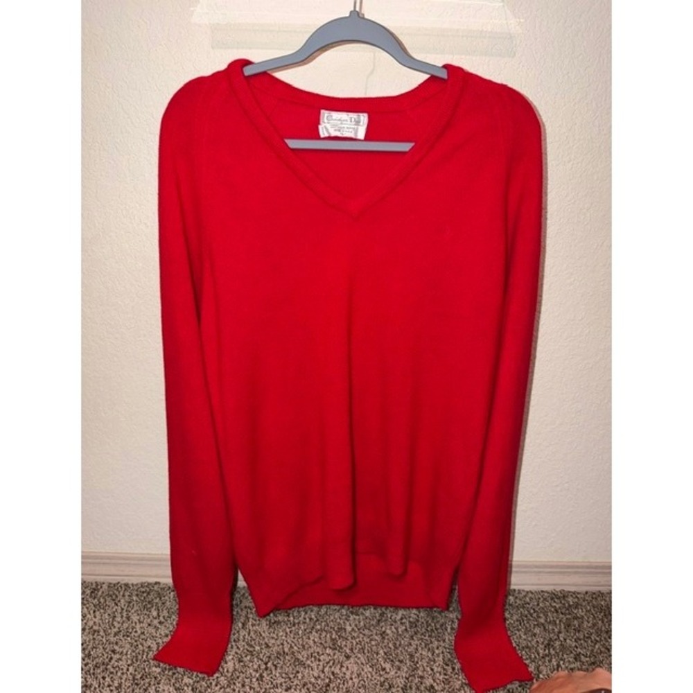 Vintage Christian Dior Red V-Neck Sweater Orlon Acrylic Made in USA Large